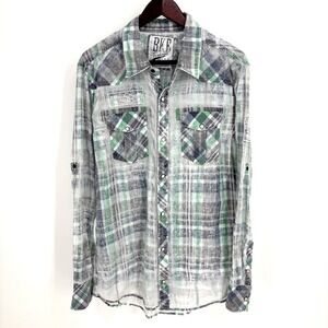 BKE Green and Gray Plaid Casual Button Down Shirt